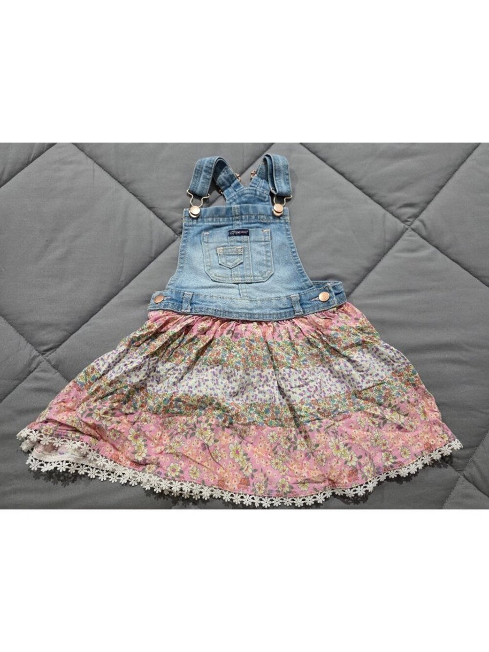 Jordache Denim Overall Dress Girls 4T Floral Lace Trim Y2K Boho Festival Jumper